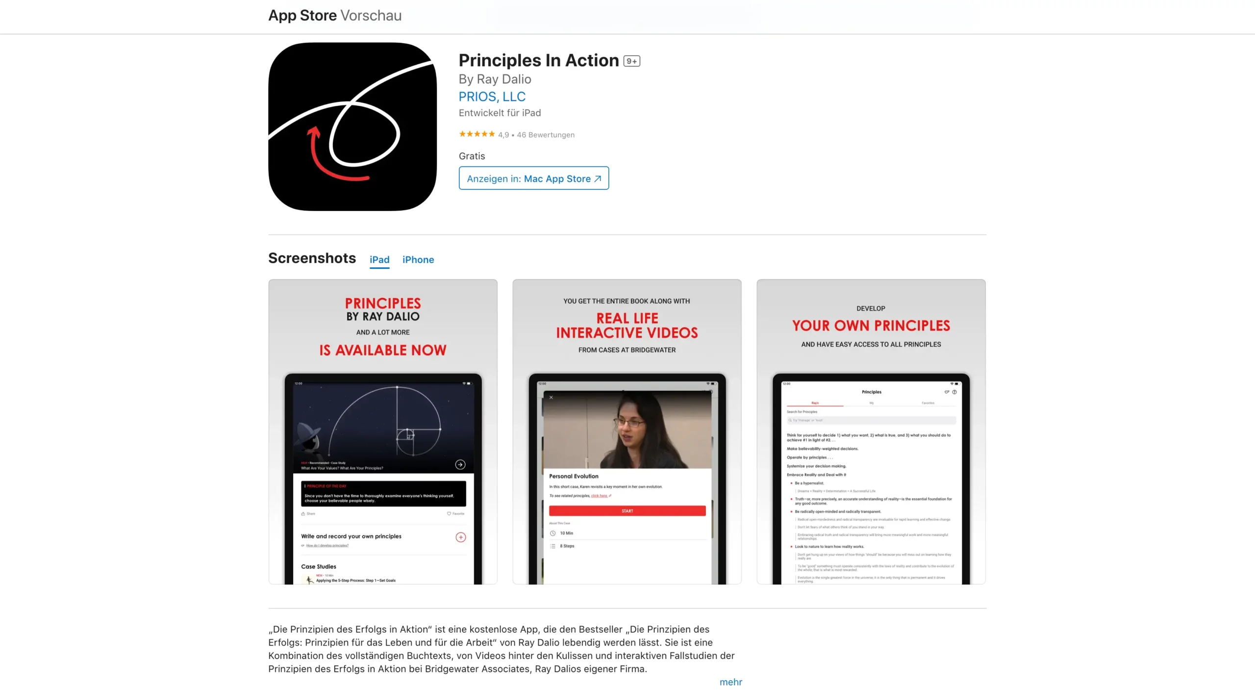 Meister der Märkte: Ray Dalios Weg zum Milliarden-Vermögen (2025) Das Bild zeigt die App "Principles in Action" von Ray Dalio im App Store.