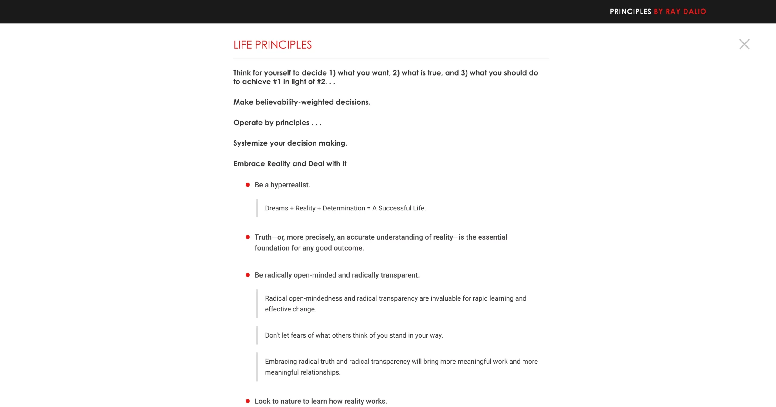 Meister der Märkte: Ray Dalios Weg zum Milliarden-Vermögen (2025) Das Bild zeigt ein paar der Life Principles von Ray Dalio von seiner Website. Die Beschreibung entält auch einen Link zur vollständigen Liste.
