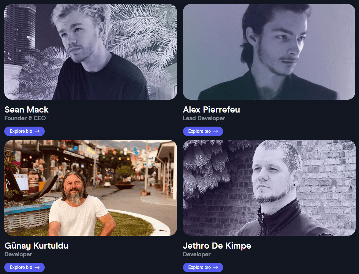 LuxAlgo TradingView Indikatoren vorgestellt (2025) Teamübersicht von LuxAlgo mit vier Mitgliedern. Oben links Sean Mack (Gründer & CEO), oben rechts Alex Pierrefeu (Lead Developer), unten links Günay Kurtuldu (Developer) und unten rechts Jethro De Kimpe (Developer)