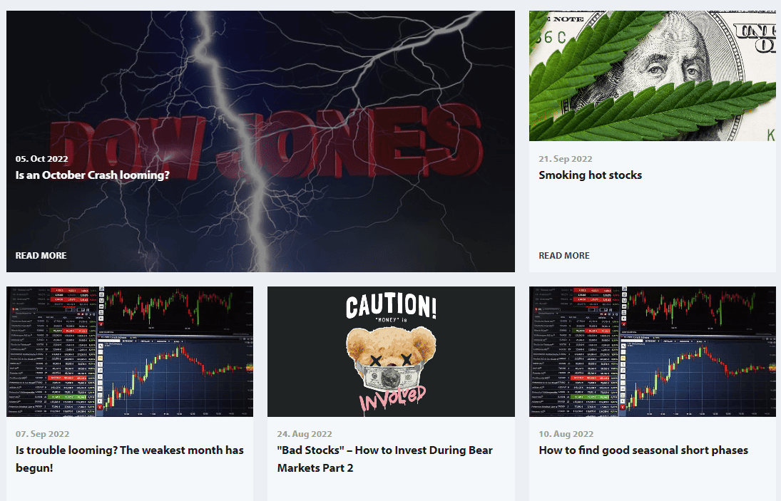 Seasonax – effektiver Traden mit saisonalen Charts, Screener und Statistiken? seasonax weiterbildung. Screenshot des Research-Bereichs von Seasonax mit mehreren Artikeln zu saisonalen Marktereignissen. Titel u. a.: „Is an October Crash looming?“, „Smoking hot stocks“, „Bad Stocks – How to Invest During Bear Markets Part 2“ und „How to find good seasonal sh