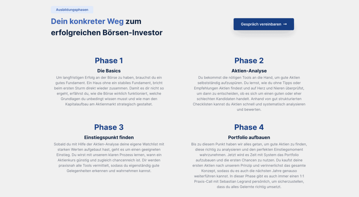 Sebastian Legrand im Fokus: Vertrauenswürdiger Mentor für Aktienanfänger? (2025) Screenshot der Ausbildungsphasen für Börsen-Investoren. Vier Phasen werden dargestellt: Phase 1 - Die Basics, Phase 2 - Aktien-Analyse, Phase 3 - Einstiegspunkt finden, Phase 4 - Portfolio aufbauen. Jede Phase enthält eine kurze Beschreibung der Lerninhalte. Oben befindet sich eine Schaltfläche mit der Aufschrift 'Gespräch vereinbaren'.