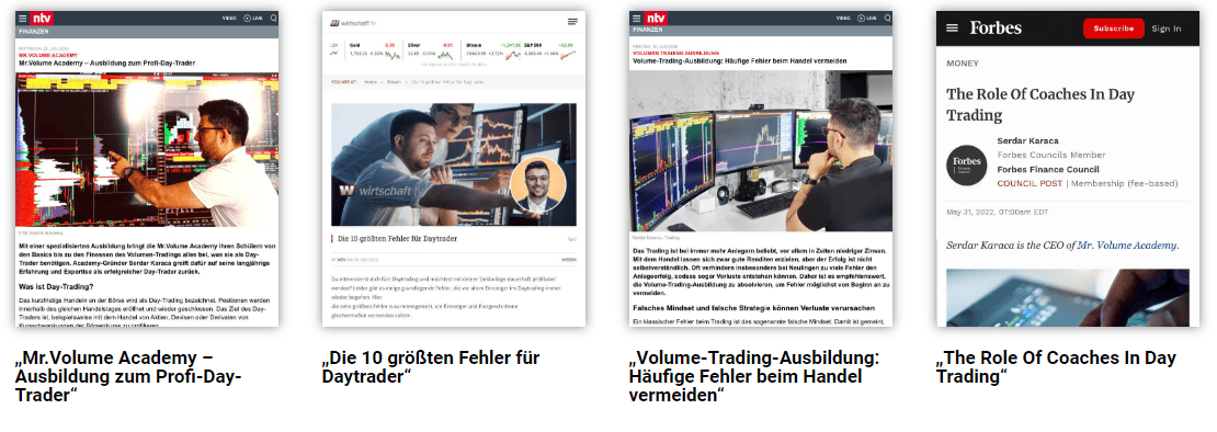 Mr. Volume Academy – Die Trading Ausbildung von Serdar Karaca Screenshot mit verschiedenen Presseberichten über Serdar Karaca und die Mr. Volume Academy auf etablierten Plattformen. Links ein Artikel von ntv mit dem Titel 'Mr. Volume Academy – Ausbildung zum Profi-Day-Trader'. Daneben ein Artikel über 'Die 10 größten Fehler für Daytrader'. Rechts ein weiterer ntv-Artikel über 'Volume-Trading-Ausbildung: Häufige Fehler beim Handel vermeiden'. Ganz rechts ein Forbes-Artikel mit dem Titel 'The Role Of Coaches In Day Trading', in dem Serdar Karaca als CEO der Mr. Volume Academy genannt wird.