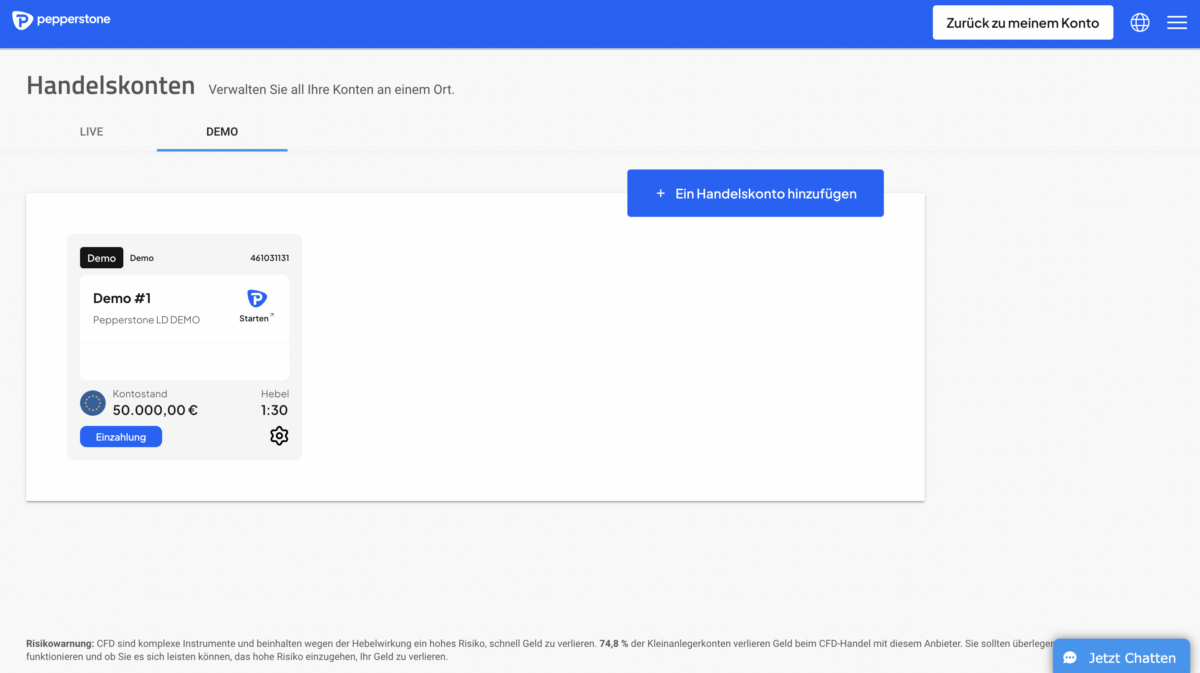 Trading Demokonto kostenlos und ohne Anmeldung (2025) Übersicht der Handelskonten bei Pepperstone. Der Tab 'Demo' ist ausgewählt, und ein Demo-Konto mit einem Kontostand von 50.000 € und einem Hebel von 1:30 wird angezeigt. Es gibt eine Schaltfläche für Einzahlungen und eine Option, ein weiteres Handelskonto hinzuzufügen. Oben rechts befindet sich ein Button 'Zurück zu meinem Konto'. Unten ist eine Risikowarnung zum CFD-Handel sichtbar