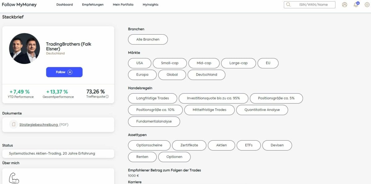 Follow MyMoney Erfahrungen - MyTrader (2025) steckbrief einblick bei followmymoney bei den tradingbrothers