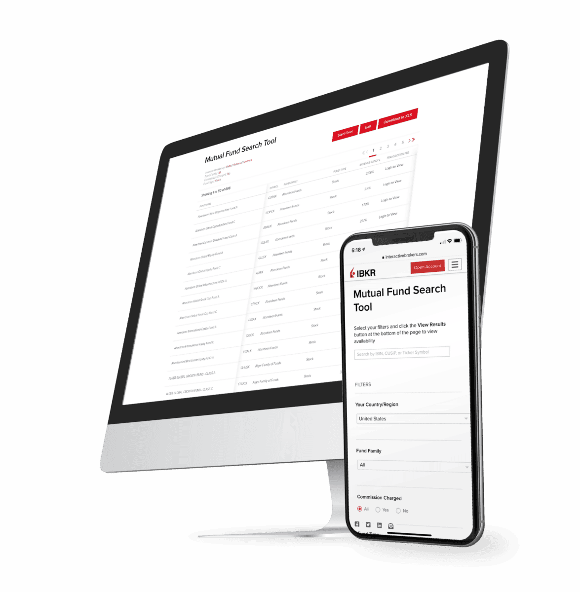 Interactive Brokers (IBKR)– der ultimative Guide zum größten Online-Broker der Welt (2025) Darstellung des Mutual Fund Search Tools von Interactive Brokers auf einem Desktop-Bildschirm und einem Smartphone. Das Tool ermöglicht die Suche nach Investmentfonds basierend auf verschiedenen Filtern wie Land, Fondsgesellschaft und Gebührenstruktur.