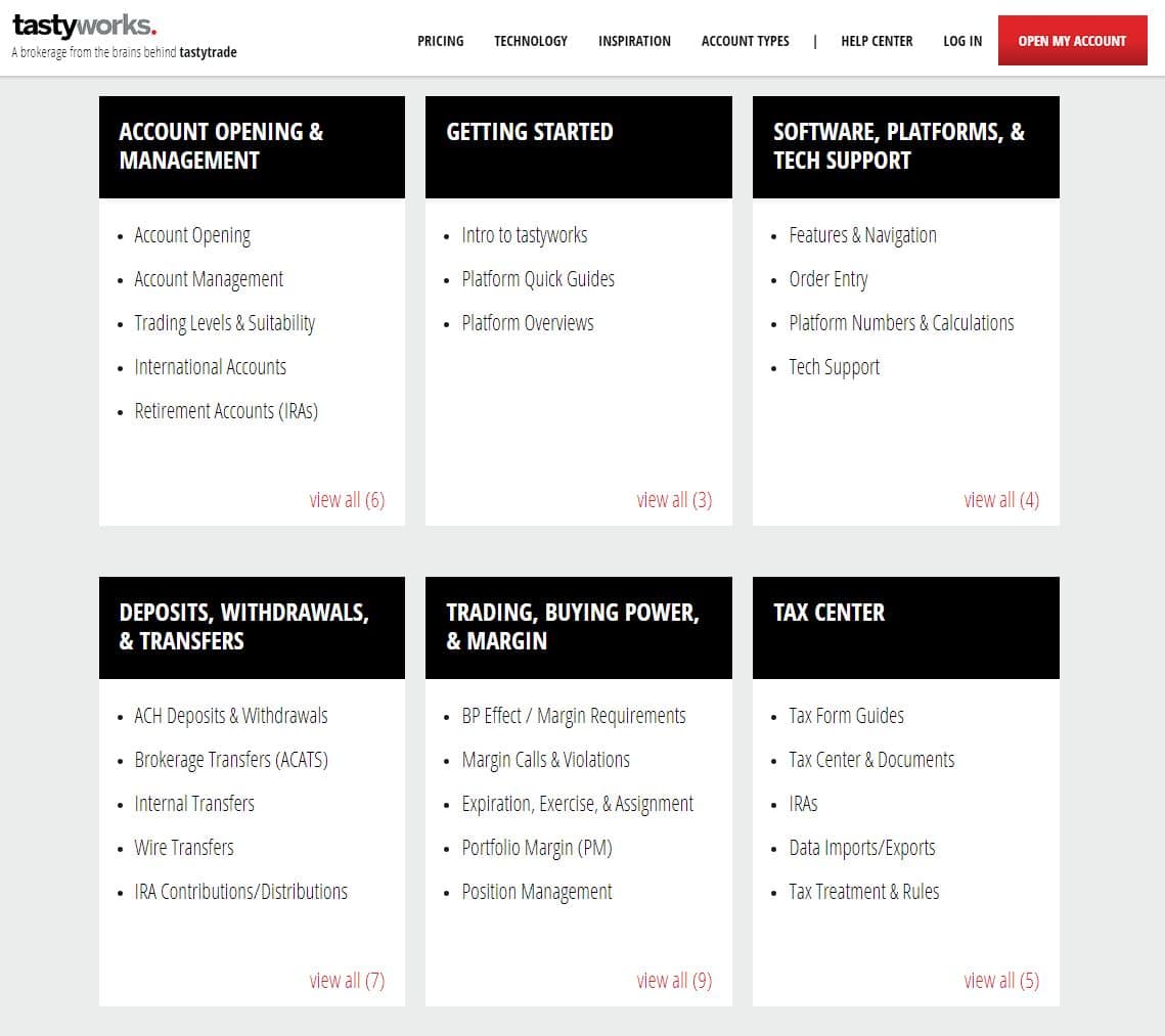 Tastytrade Erfahrungen - Optionen und Futures (2025) Screenshot des Support Help Centers von Tastyworks. Die Seite ist in sechs Kategorien unterteilt: "Account Opening & Management" für Kontoeröffnung und -verwaltung, "Getting Started" mit Anleitungen zur Plattform, "Software, Platforms & Tech Support" für technische Unterstützung, "Deposits, Withdrawals & Transfers" für Ein- und Auszahlungen, "Trading, Buying Power & Margin" für Handelsbedingungen und Margin-Anforderungen sowie "Tax Center" für steuerliche Informationen.