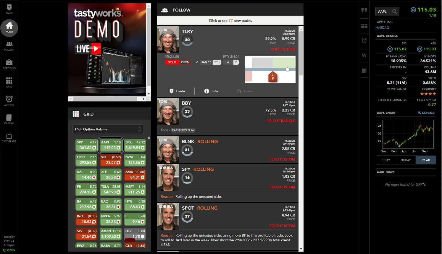 Tastytrade Erfahrungen - Optionen und Futures (2025) Screenshot der browserbasierten Handelsplattform von Tastyworks. Die Benutzeroberfläche zeigt eine Übersicht über aktuelle Trades, ein Optionsvolumen-Grid, Handelsaktivitäten und Marktdaten für AAPL, einschließlich eines Kurscharts.