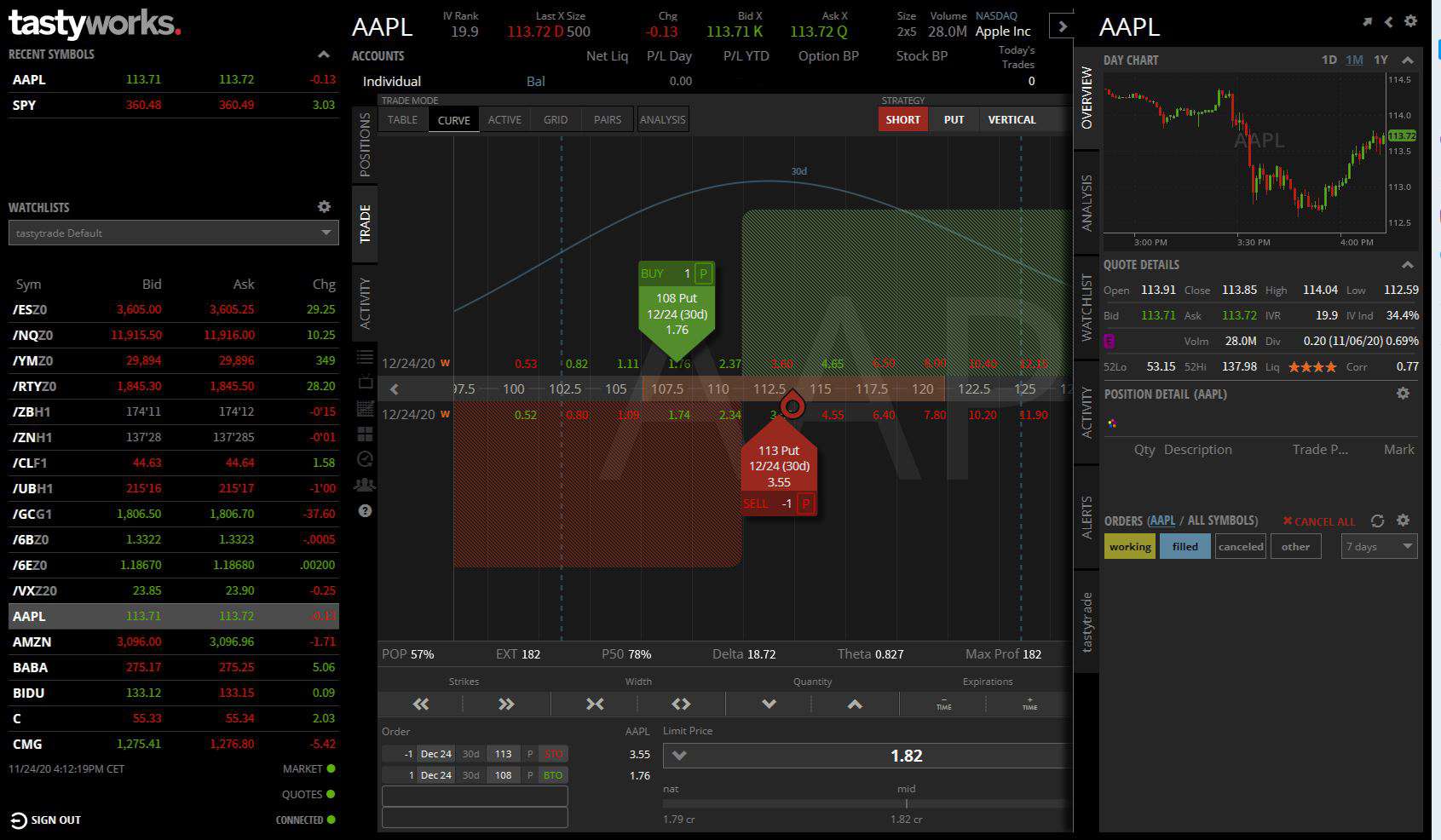 Tastytrade Erfahrungen - Optionen und Futures (2025) Screenshot der Tastyworks-Desktopanwendung mit einer Optionshandelsübersicht für AAPL. Zu sehen sind ein Options-Trade-Setup, eine Watchlist mit verschiedenen Symbolen, ein Tageschart sowie Orderdetails und Handelsstatistiken