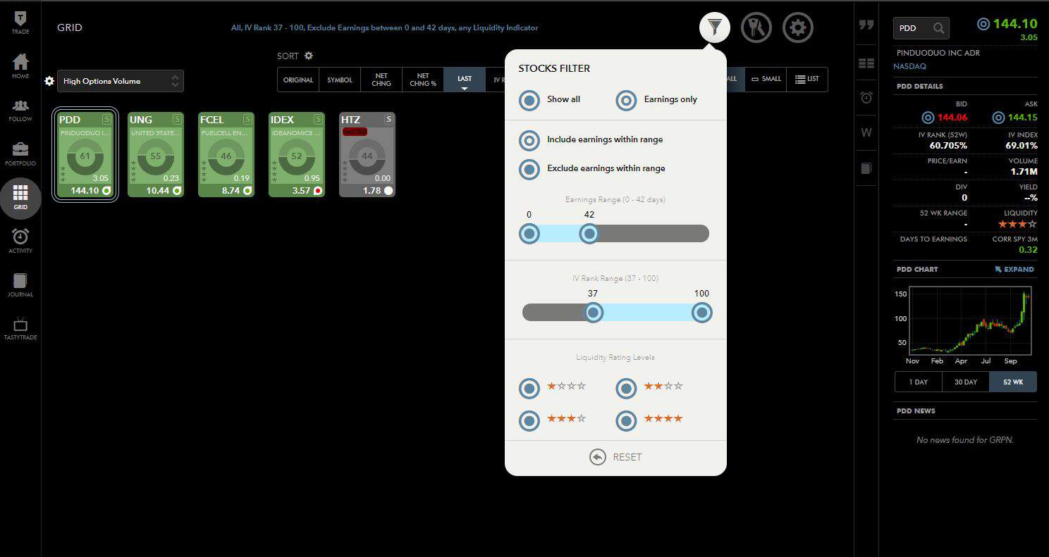 Tastytrade Erfahrungen - Optionen und Futures (2025) Alt-Text: Screenshot der Screening-Funktion "Grid" in der Tastytrade-Browsersoftware mit aktiven Filtereinstellungen. Der Filter zeigt eine Auswahl an Aktien mit hohem Optionsvolumen und ermöglicht das Einstellen von Earnings-Range, IV-Rank und Liquiditätsbewertung. Rechts ist eine Detailansicht einer ausgewählten Aktie mit Kursverlauf und weiteren Kennzahlen sichtbar.