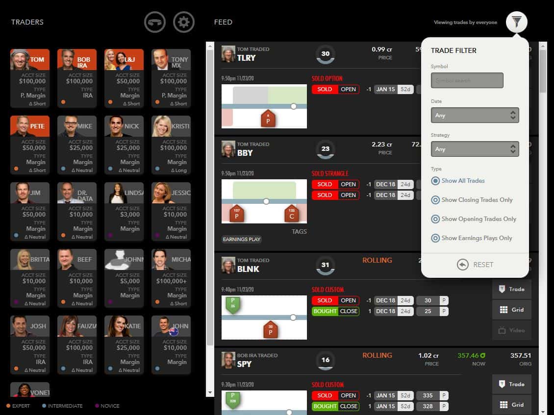 Tastytrade Erfahrungen - Optionen und Futures (2025) Screenshot des Tastytrade Trader Feeds mit verschiedenen Trader-Profilen und Handelsaktivitäten. Links sind mehrere Trader mit ihrem Konto-Typ, Kontogröße und Handelsstil (z. B. Margin, IRA, Short, Neutral) aufgeführt. Rechts werden aktuelle Trades angezeigt, darunter verkaufte und gekaufte Optionen. Ein Filtermenü ermöglicht das Sortieren nach Symbol, Datum, Strategie und Handelsart (alle Trades, nur Schließungen, nur Eröffnungen oder Earnings Plays).