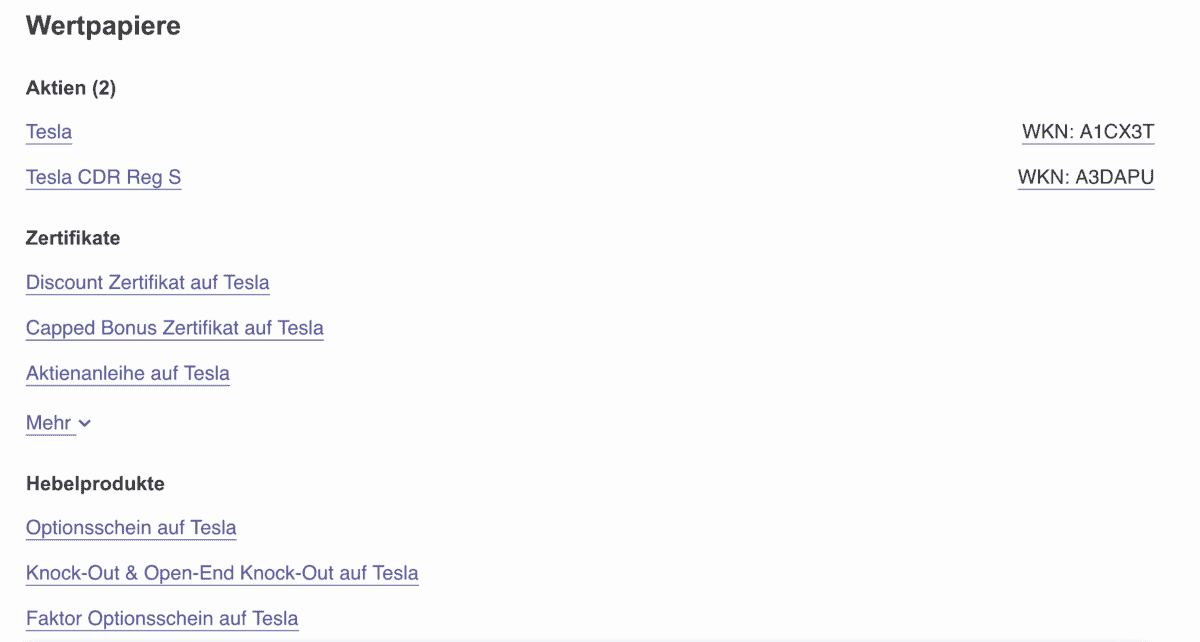 Die ING DiBa Watchlist: Top oder Flop? ING-DiBa Watchlist-Suche für Tesla, Stand 16.05.2023. Die Suchergebnisse listen zwei Aktien auf: Tesla (WKN: A1CX3T) und Tesla CDR Reg S (WKN: A3DAPU). Zusätzlich werden verschiedene Finanzprodukte angezeigt, darunter Zertifikate wie das Discount-Zertifikat auf Tesla, das Capped Bonus Zertifikat auf Tesla und eine Aktienanleihe auf Tesla. Im Bereich Hebelprodukte gibt es Optionen wie einen Optionsschein, Knock-Out & Open-End Knock-Out sowie einen Faktor-Optionsschein auf Tesla.