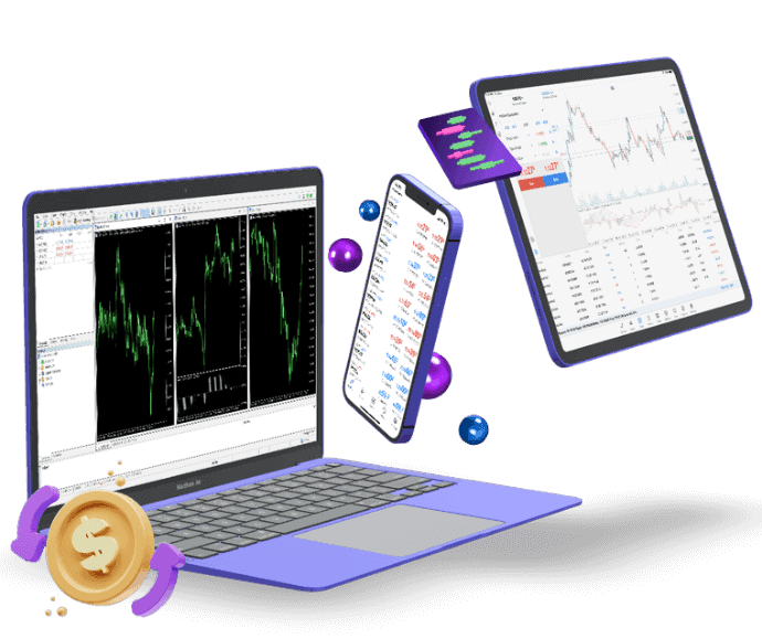 The Trading Pit – Forex und Futures Proptrading: Von Zero to Hero mit Fremdkapital? Illustration eines Trading-Setups mit einem Laptop, einem Smartphone und einem Tablet, die Handelsplattformen mit Charts und Kursen anzeigen. Das Bild symbolisiert den Handel mit verschiedenen Geräten und Plattformen. Ein goldener Dollar-Münz-Icon und schwebende blaue Kugeln verstärken das Finanz- und Trading-Thema
