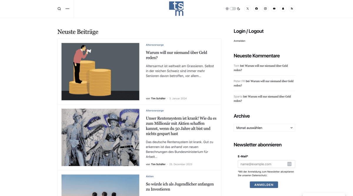 Das Bild zeigt einen Screenshot vom Tim Schäfer Media-Blog mit diversen Beiträgen.