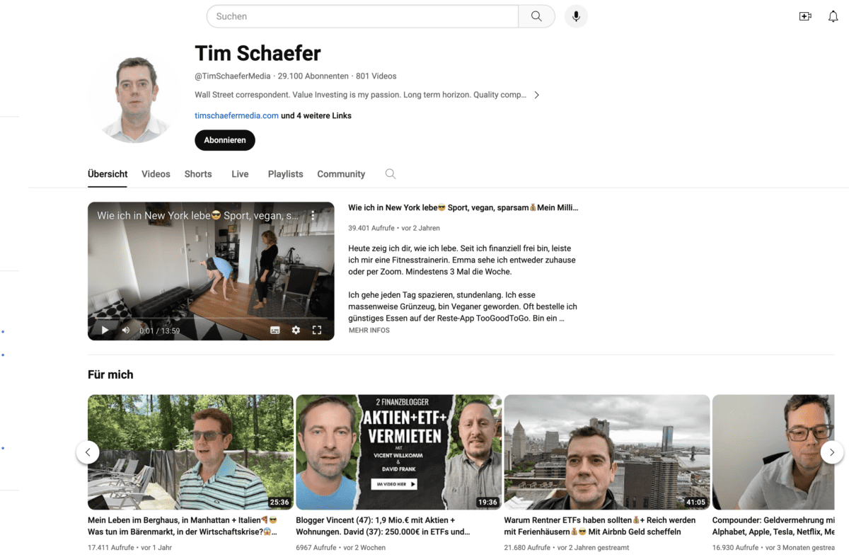Das Bild zeigt eine Übersicht von dem Youtube Kanal von Tim Schäfer mit einer Vielzahl an Videos. 