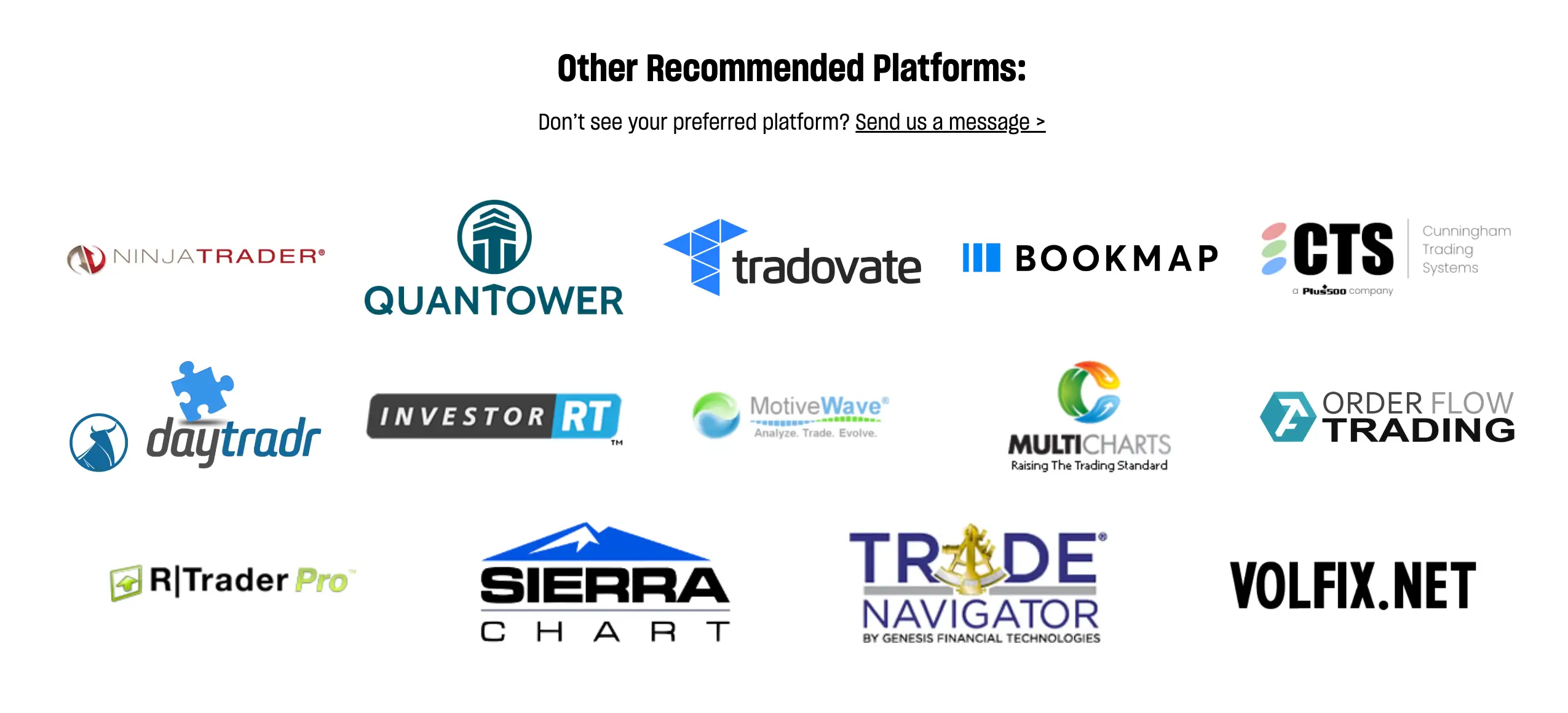 Topstep – Futures traden mit Fremdkapital (2025) Übersicht empfohlener Handelsplattformen von Topstep. Gezeigt werden die Logos von Plattformen wie NinjaTrader, Quantower, Tradovate, Bookmap, CTS, Daytradr, InvestorRT, MotiveWave, MultiCharts, Order Flow Trading, R|Trader Pro, Sierra Chart, Trade Navigator und VolFix.net. Hinweis auf Kontaktmöglichkeit, falls eine bevorzugte Plattform nicht aufgeführt ist.