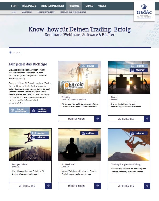 Birger Schäfermeier und Tradac Erfahrungen – alles über den bekannten Trader und Trading-Coach (2025) Übersicht der Ausbildungsprogramme von tradAc – European Trading Academy. Gezeigt werden verschiedene Seminare in mehreren Levels: Einstieg (Level I), Basis (Level II), Fortgeschritten (Level III), Professionell (Level IV) und die komplette Trading-Ausbildung. Formate sind teils online, teils in Präsenz.