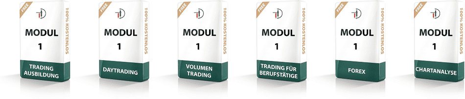 Tradingdusche Erfahrungen – Trading lernen kostenlos – Seriosität (2025) tradingdusche trading ausbildung modul 1 - Mehrere Boxen mit der Aufschrift 'Modul 1' von Tradingdusche. Die Module sind zu verschiedenen Trading-Themen wie Trading Ausbildung, Daytrading, Volumen Trading, Trading für Berufstätige, Forex und Chartanalyse. Alle Module sind als '100 % kostenlos' gekennzeichnet.