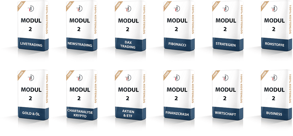 Tradingdusche Erfahrungen – Trading lernen kostenlos – Seriosität (2025) Mehrere Boxen mit der Aufschrift 'Modul 2' von Tradingdusche. Die Module behandeln verschiedene Trading-Themen wie Livetrading, Newstrading, DAX Trading, Fibonacci, Strategien, Rohstoffe, Gold & Öl, Chartanalyse Krypto, Aktien & ETF, Finanzcrash, Wirtschaft und Business. Alle Module sind als '100 % kostenlos' gekennzeichnet