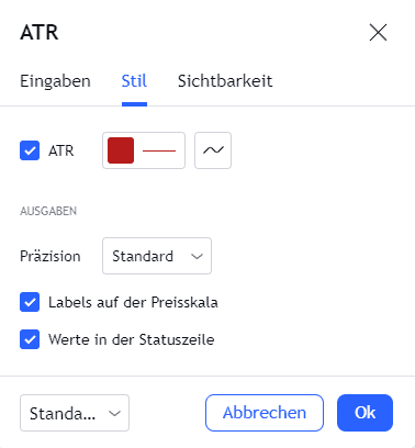 ATR - Den Average True Range Indikator im Trading nutzen (2025) Einstellungsmenü für den ATR (Average True Range) Indikator auf TradingView, Reiter 'Stil' geöffnet. Optionen zur Anpassung der Linienfarbe, -dicke und -darstellung sind sichtbar. Außerdem können Labels auf der Preisskala sowie Werte in der Statuszeile aktiviert werden. Zwei Buttons 'Abbrechen' und 'Ok' sind unten zu sehen. Die Bildunterschrift lautet: 'ATR Indikator – Stil Einstellungen bei Tradingview'.