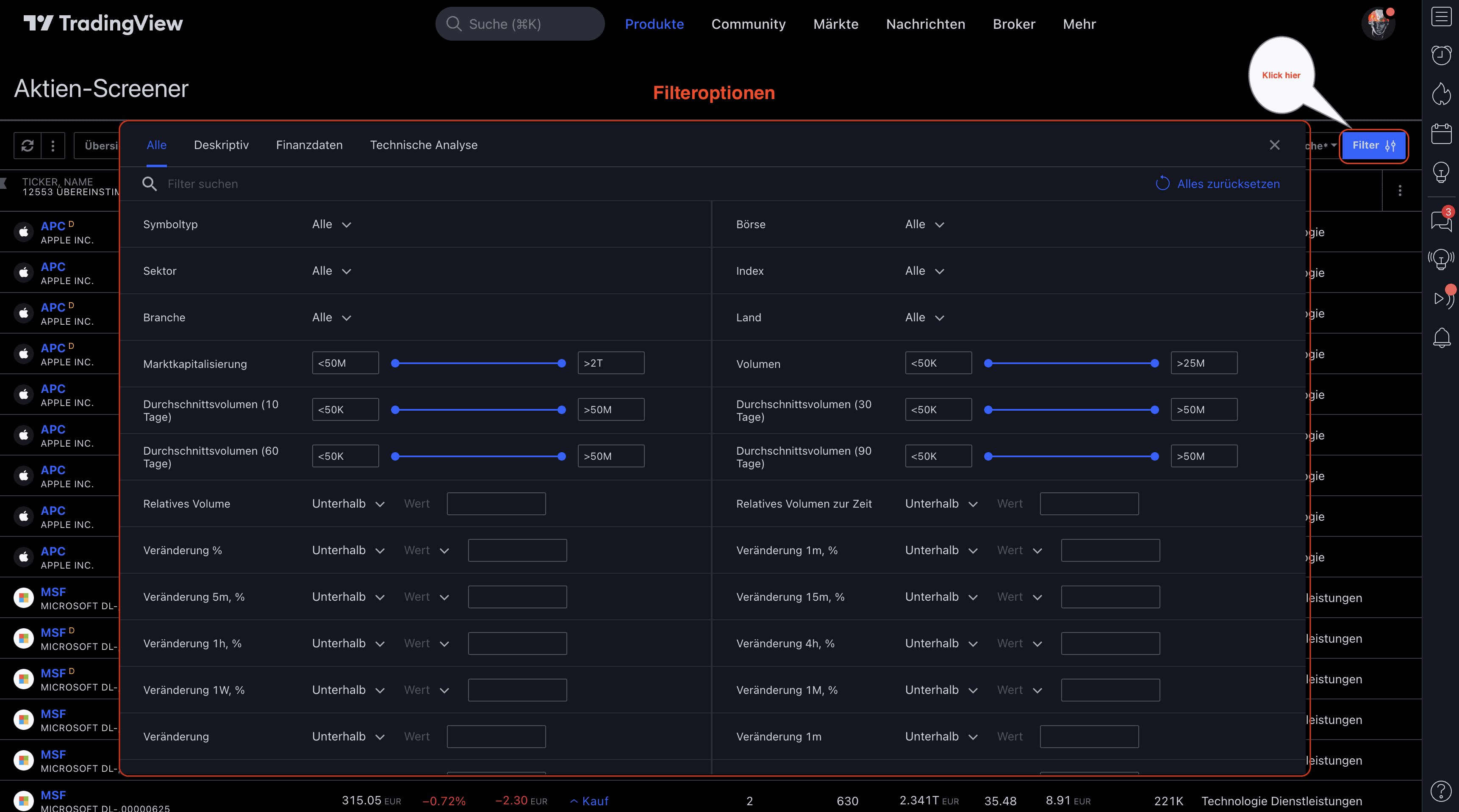 TradingView – Erfahre alles über die beliebte Handelsplattform: Broker, Charts, Kosten, Screener, Tools (2025) Das Bild zeigt einen Screenshot von dem TradingView Screener und zeigt wie man die Filteroptionen aufruft. Klicken Sie dazu auf den "Filter-Button" in der oberen rechten Ecke.