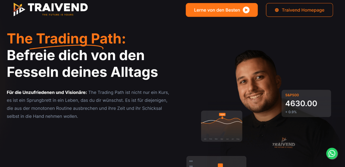 Screenshot der Webseite von Traivend mit dem Slogan 'The Trading Path: Befreie dich von den Fesseln deines Alltags'. Ein lächelnder Mann im Traivend-Shirt ist auf der rechten Seite zu sehen, daneben eine Anzeige des S&P500-Kurses bei 4630.00 Punkten mit einer Veränderung von +0.9 %. Der Text beschreibt den Trading Path als Sprungbrett in ein neues Leben für Menschen, die aus der Routine ausbrechen wollen. Oben befinden sich Buttons mit den Beschriftungen 'Lerne von den Besten' und 'Traivend Homepage'. Unten ist ein Link mit dem Text 'Kostenlose Daytrading Ausbildung' sichtbar.Screenshot der Webseite von Traivend mit dem Slogan 'The Trading Path: Befreie dich von den Fesseln deines Alltags'. Ein lächelnder Mann im Traivend-Shirt ist auf der rechten Seite zu sehen, daneben eine Anzeige des S&P500-Kurses bei 4630.00 Punkten mit einer Veränderung von +0.9 %. Der Text beschreibt den Trading Path als Sprungbrett in ein neues Leben für Menschen, die aus der Routine ausbrechen wollen. Oben befinden sich Buttons mit den Beschriftungen 'Lerne von den Besten' und 'Traivend Homepage'. Unten ist ein Link mit dem Text 'Kostenlose Daytrading Ausbildung' sichtbar.