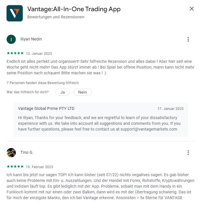 Vantage Markets Erfahrungen – Kosten, Seriosität. Wie gut ist der CFD-Broker? (2025) Screenshot von Nutzerbewertungen zur Vantage: All-In-One Trading App im Google Play Store. Zwei Rezensionen sind sichtbar: Eine von Iliyan Nedin, der die App als perfekt organisiert lobt, aber ein Problem mit eingefrorenen Positionen erwähnt. Eine weitere von Tino G., der die App und den Handel mit verschiedenen Assets als top bewertet, aber Übertragungsprobleme bei Funklöchern anmerkt. Die Entwickler haben auf die erste Bewertung geantwortet.