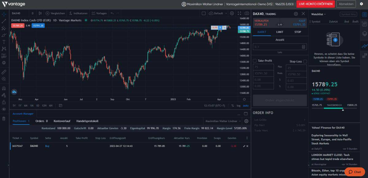 Vantage Markets Erfahrungen – Kosten, Seriosität. Wie gut ist der CFD-Broker? (2025) Screenshot der ProTrader-Handelsplattform von Vantage im TradingView-Stil. Die Plattform zeigt ein Kursdiagramm des DAX40 Index Cash CFD (EUR) im 1D-Zeitrahmen mit einer Kursentwicklung über mehrere Monate. Rechts sind Trading-Optionen für Kauf, Verkauf, Markt-, Limit- und Stop-Orders sichtbar. Unten befindet sich eine Account-Übersicht mit einer offenen Position, Konto- und Margin-Details. Eine Watchlist ist auf der rechten Seite integriert.