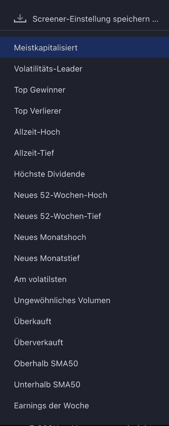 TradingView – Erfahre alles über die beliebte Handelsplattform: Broker, Charts, Kosten, Screener, Tools (2025) Das Bild zeigt die vorgefertigten Filteroptionen an.