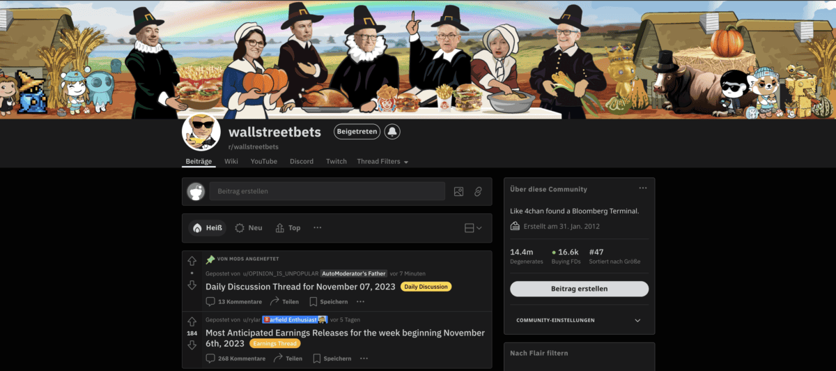 Von r/Finanzen bis WallStreetBets: Navigieren im Reddit-Finanzuniversum Screenshot vom Wallstreetbets Subreddit.