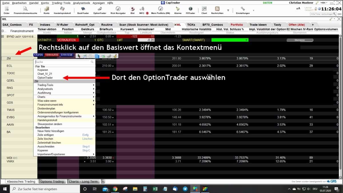 Mit der Trader Workstation (TWS) Optionen handeln? (2025) Wechseln zum OptionTrader der TWS - über das Kontextmenü - Vorgehensweise anhand eines Screenshots