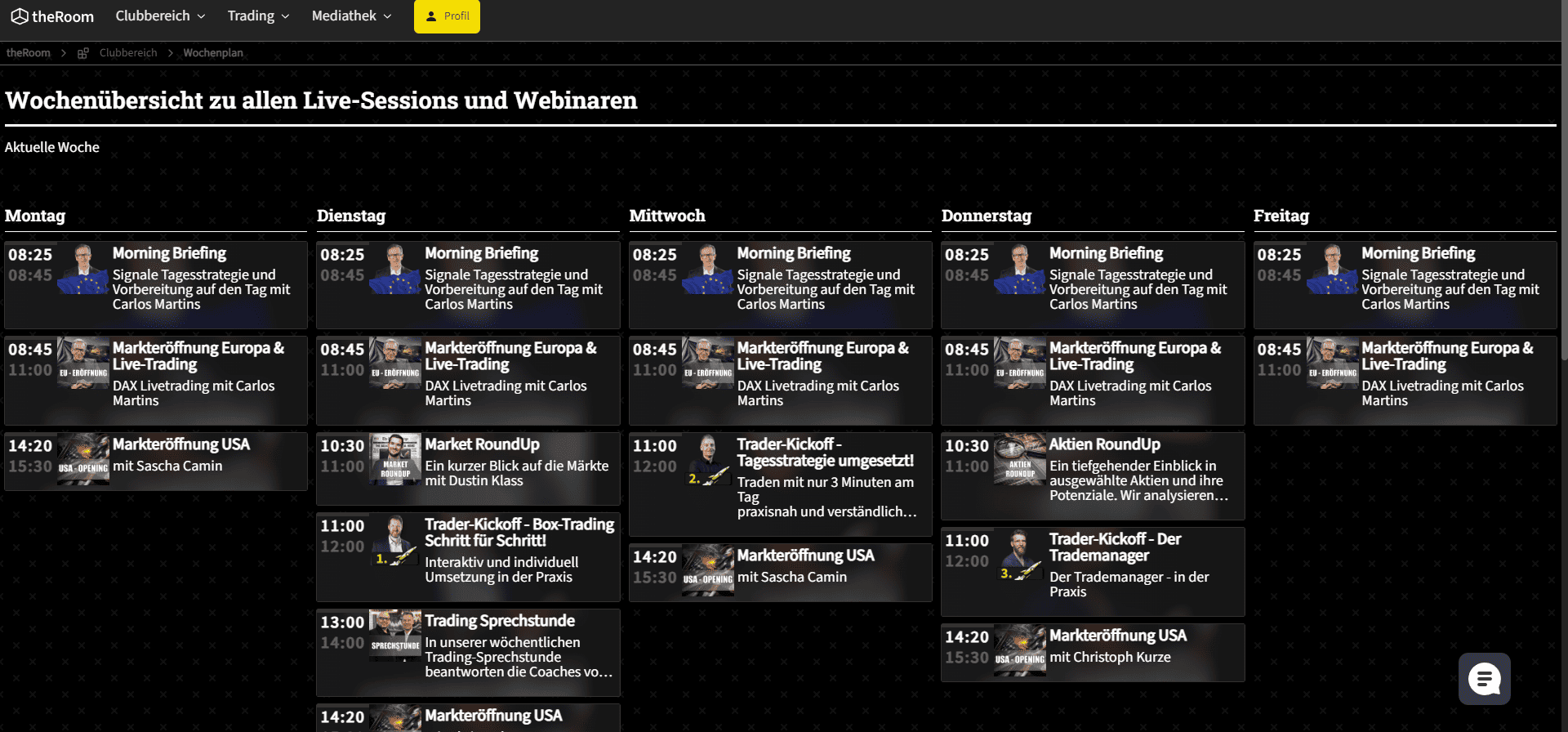 Alles über TradersClub24 - Erfahrungen | Angebote | Seriosität (2025) wochenübersicht zu allen Live Sessions und Webinaren in theroom