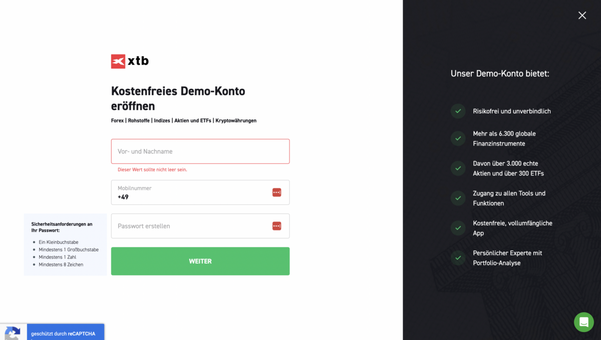 Trading Demokonto kostenlos und ohne Anmeldung (2025) das Bild zeigt den Anmeldeprozess für das kostenlose demokonto von xtb